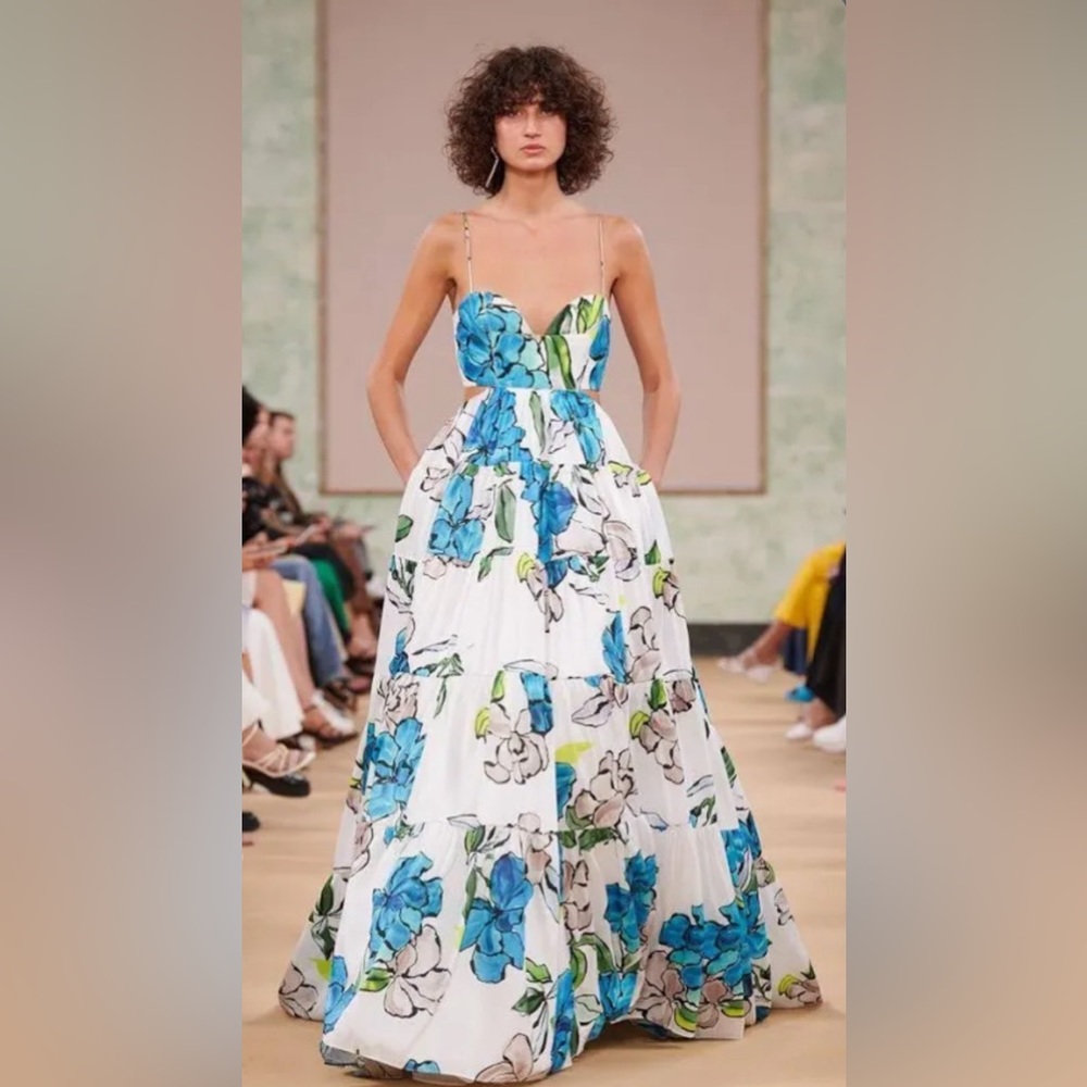 Aje White Maxi Dress with Blue and Green Floral Print